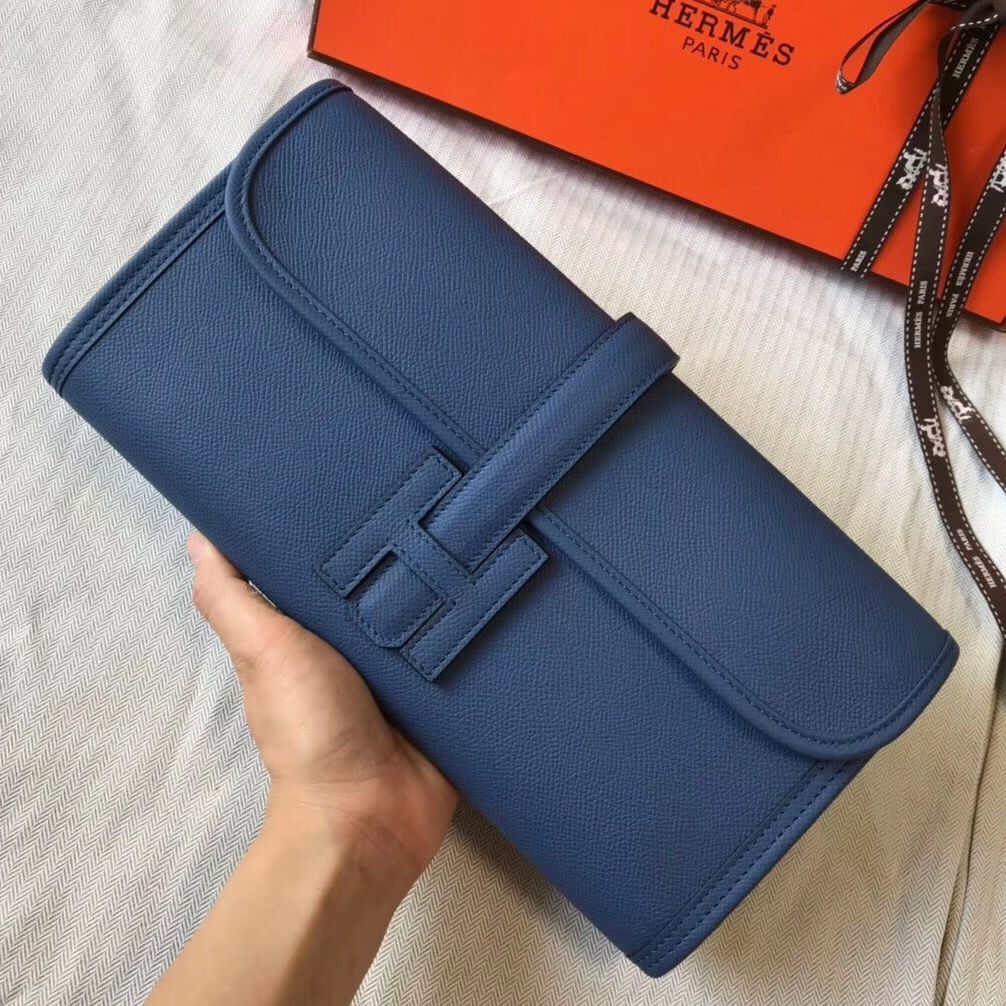 Pochette Hermès Jige Elan 29 en cuir EPSOM bleu agate