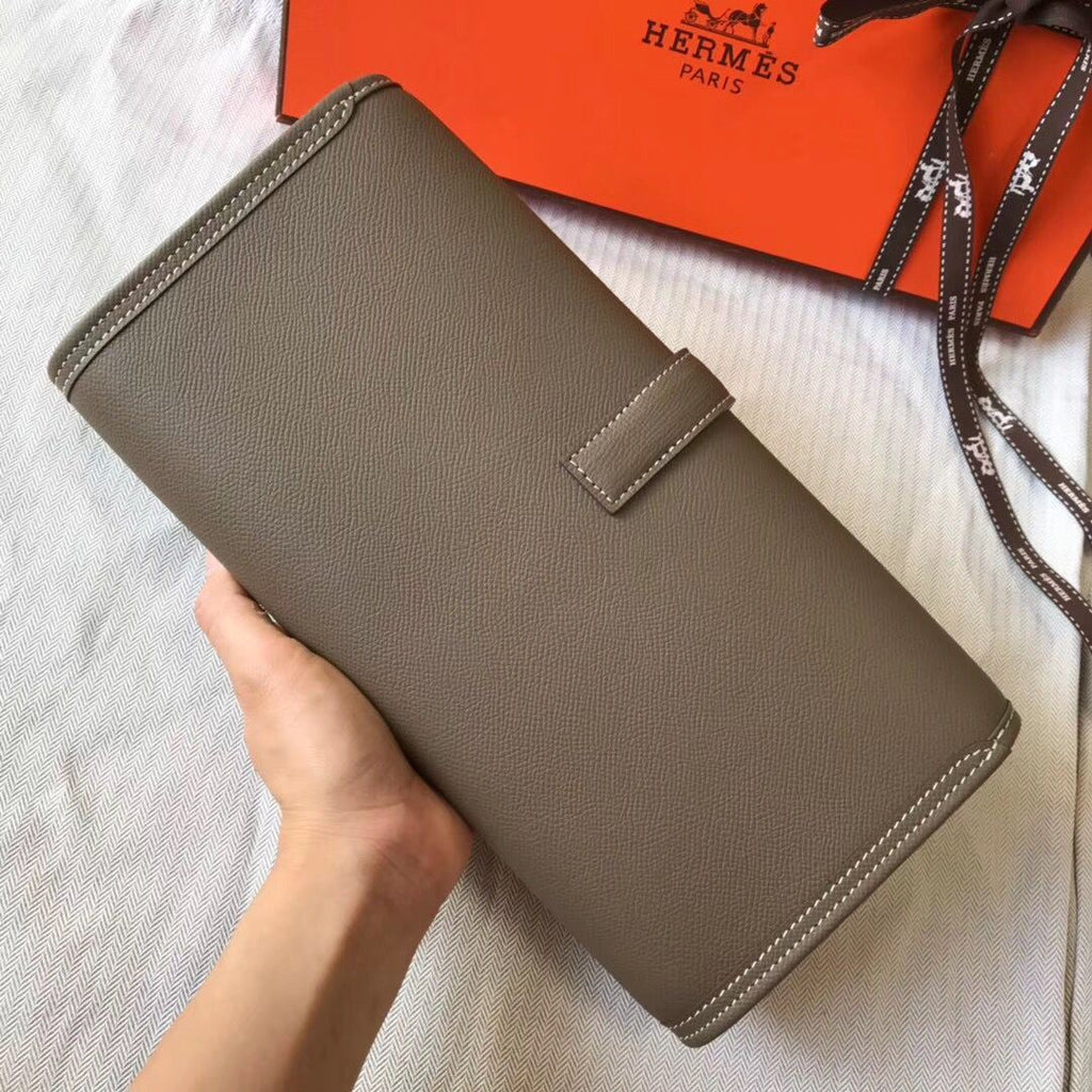 HERMES JIGE ELAN 29 CLUTCH IN TAUPE GREY EPSOM LEATHER