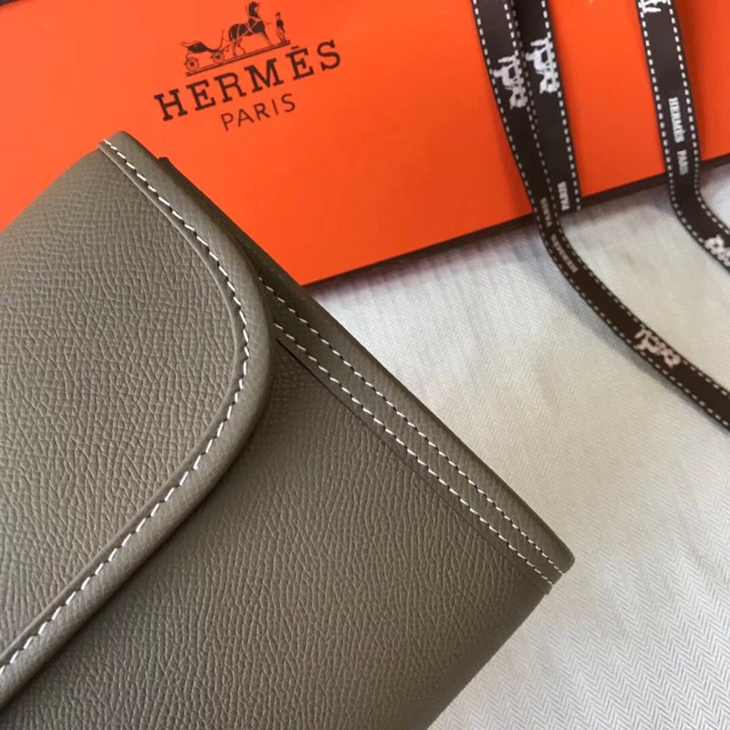 HERMES JIGE ELAN 29 CLUTCH IN TAUPE GREY EPSOM LEATHER