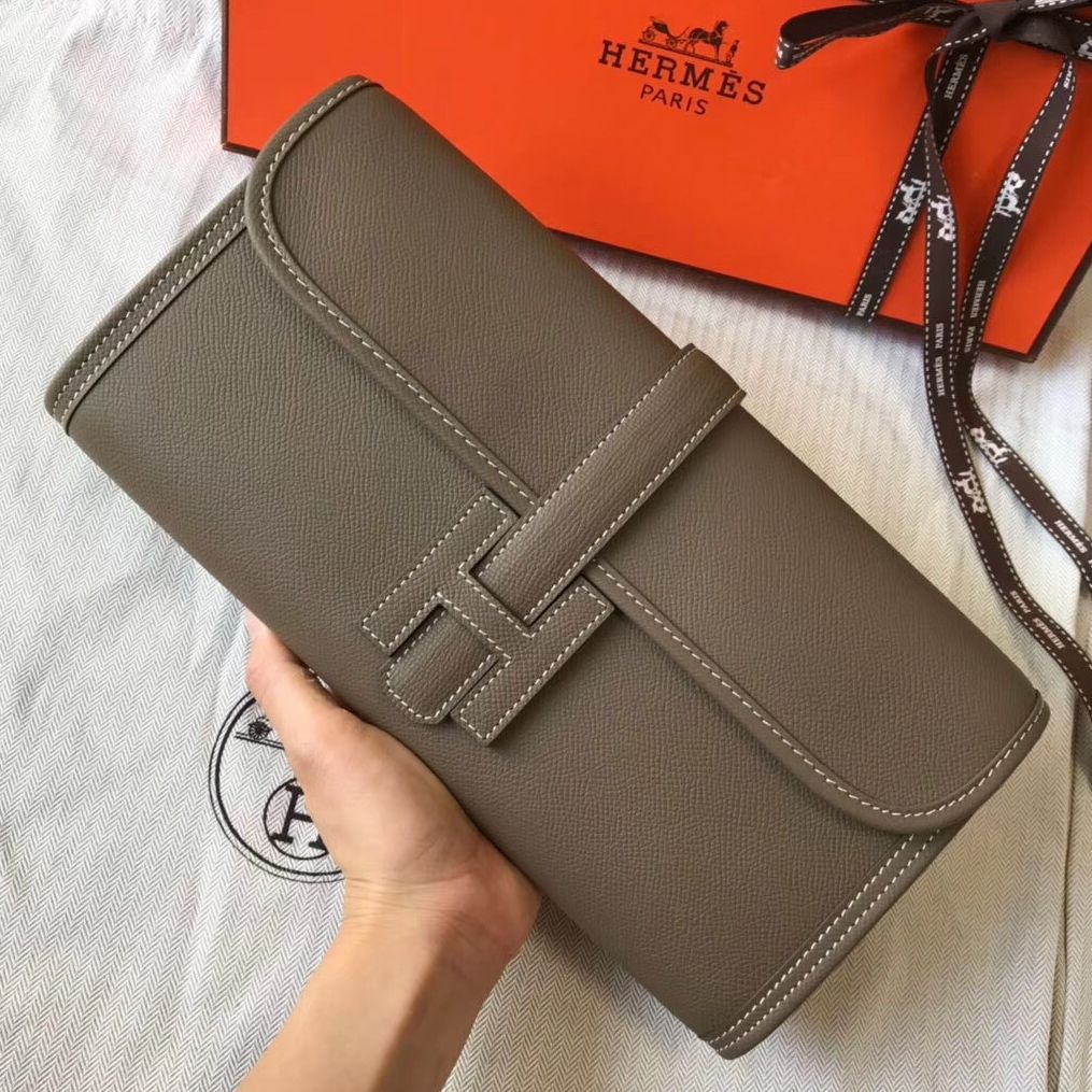 HERMES JIGE ELAN 29 CLUTCH IN TAUPE GREY EPSOM LEATHER