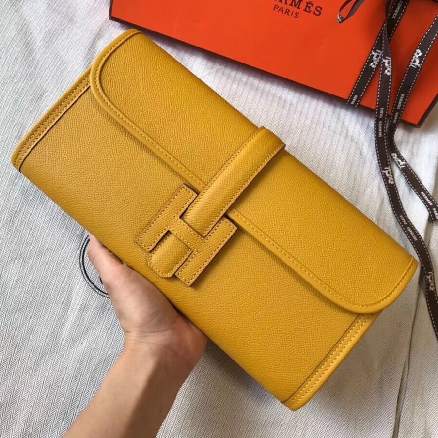 Pochette Hermès Jige Elan 29 en cuir EPSOM jaune