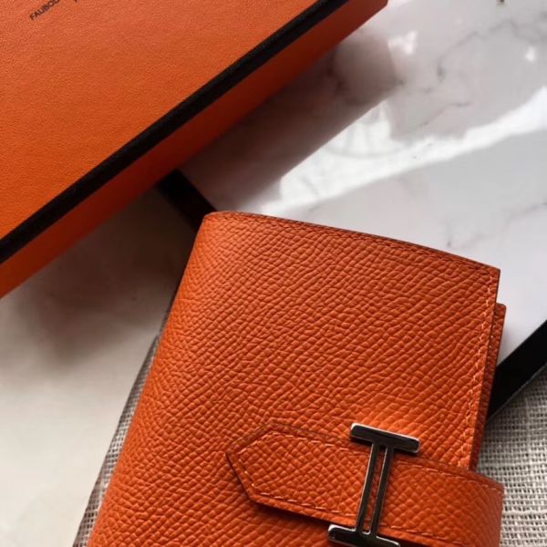 MINI PORTEFEUILLE HM BEARN 10 CM EN CUIR EPSOM ORANGE
