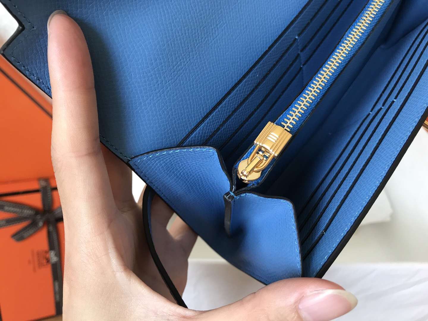 PORTEFEUILLE LONG KELLY 20CM BLEU JEAN CUIR EPSOM