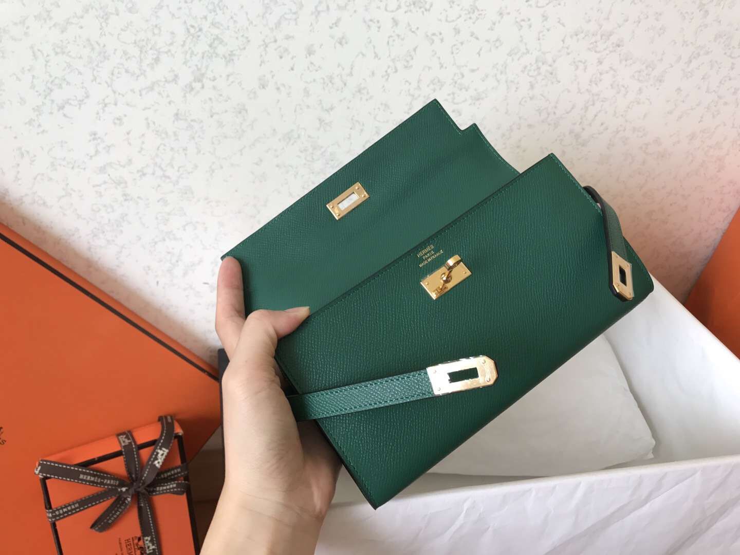 PORTEFEUILLE LONG KELLY 20CM CUIR EPSOM VERT FONCÉ