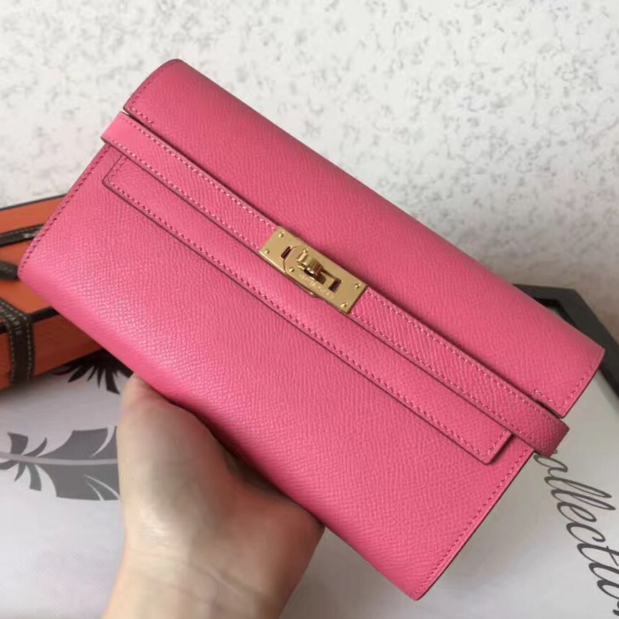 PORTEFEUILLE LONG KELLY 20CM EN CUIR EPSOM ROSE
