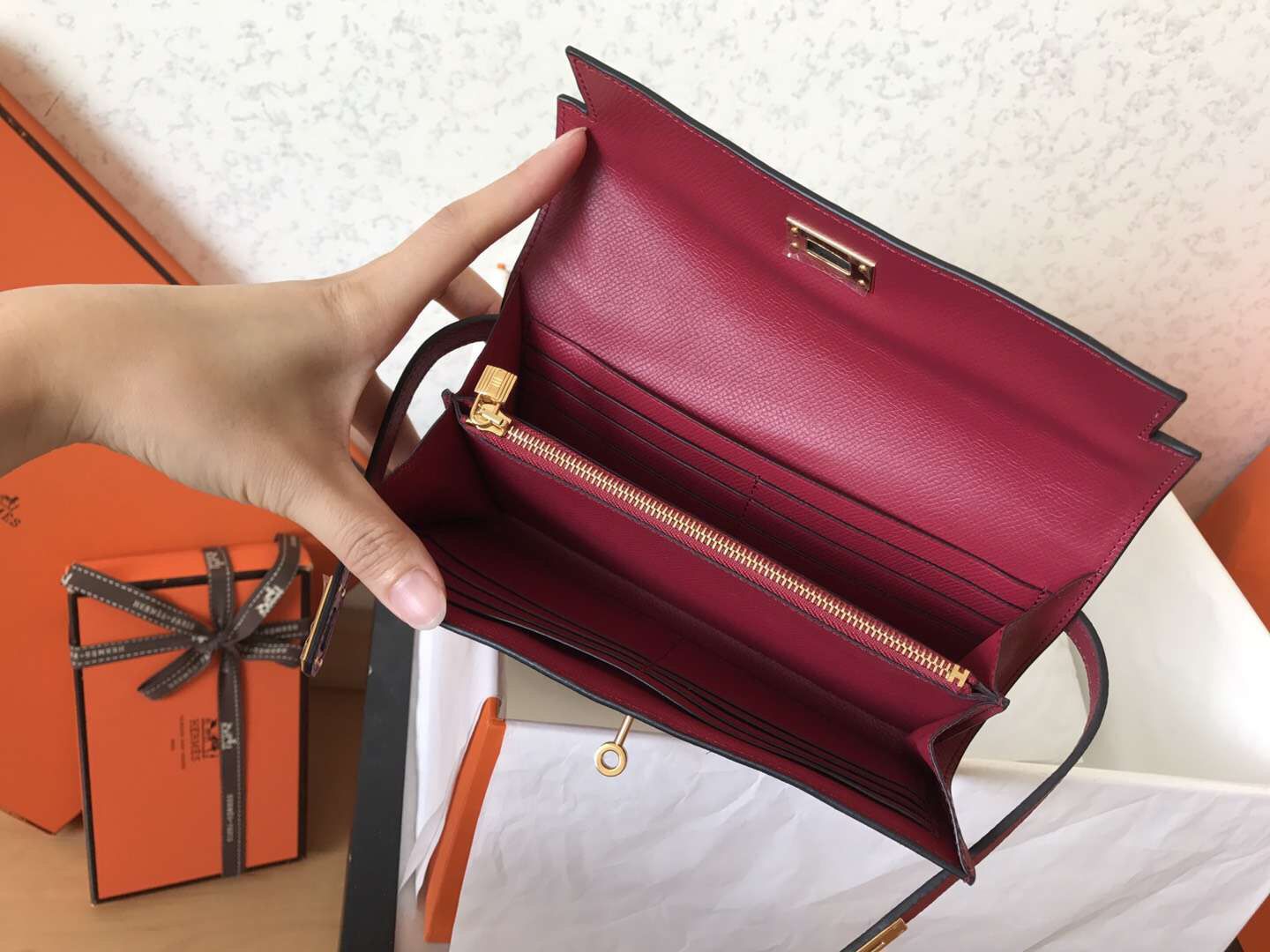 ケリー ロングウォレット 20cm ダークレッド エプソムレザー