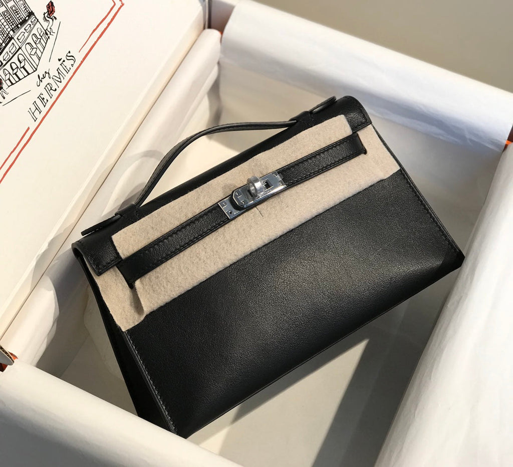 POCHETTE HM KELLY 22CM NOIR SWIFT QUINCAILLERIE ARGENTÉE