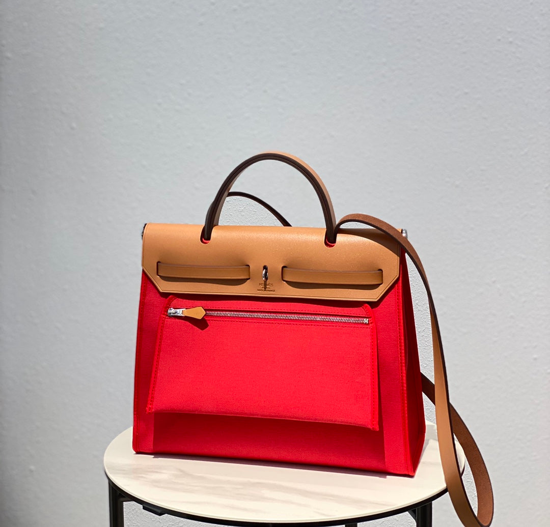 HERBAG 31 TOILE RED CANVAS GOLD COWHIDE LEATHER