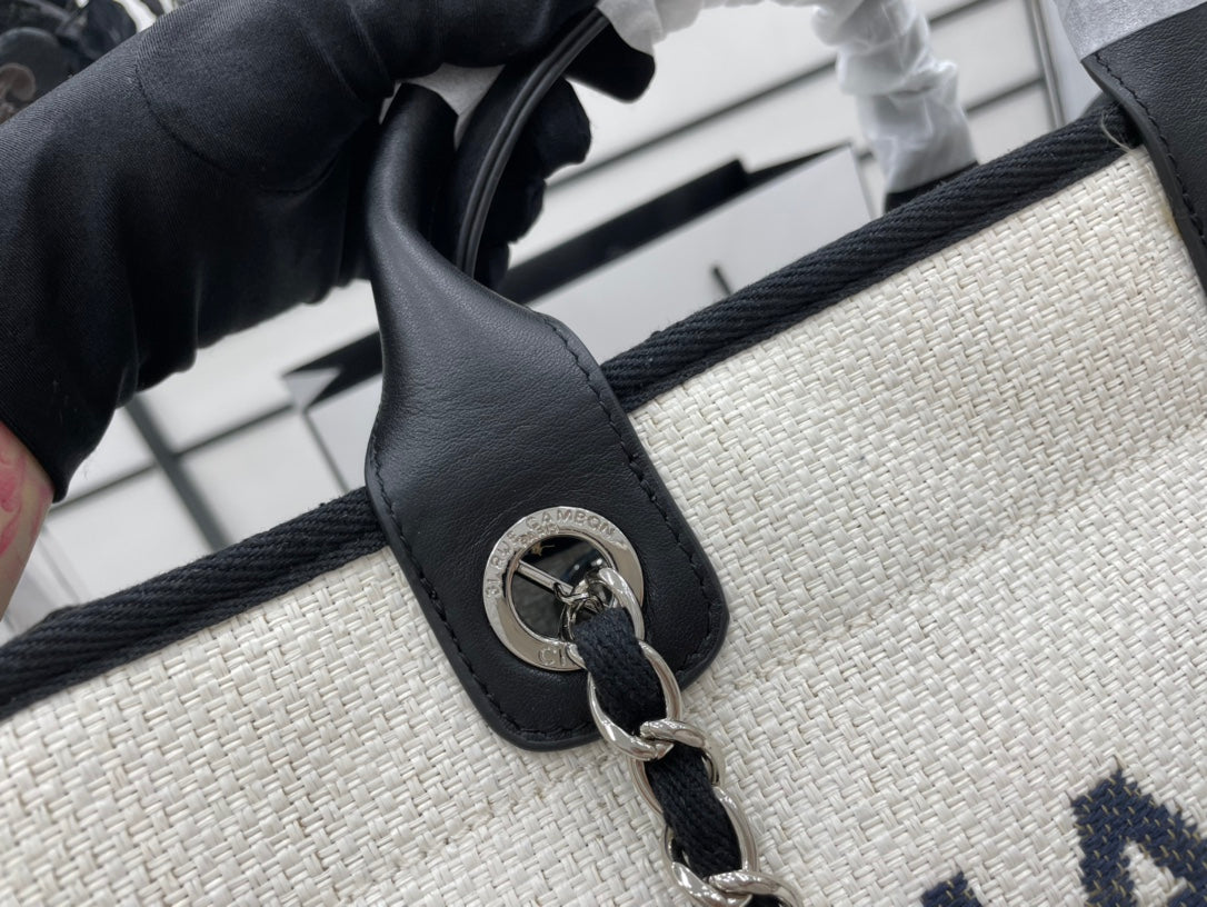 SAC CC DEAUVILLE EN TWEED CUIR NOIR QUINCAILLERIE ARGENTÉE 16