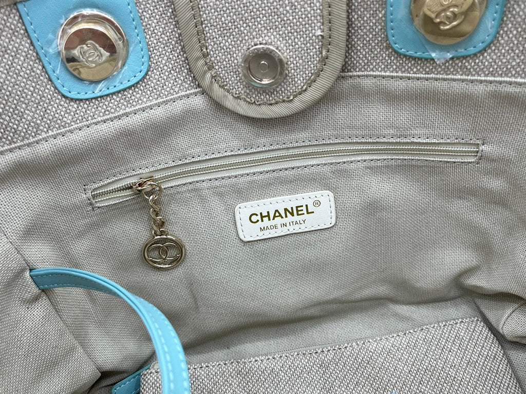 SAC CC DEAUVILLE TWEED 33X26X15.5CM CUIR BLEU CIEL QUINCAILLERIE DORÉ 32