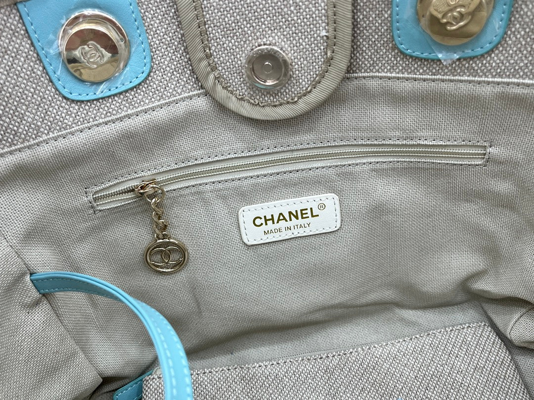 SAC CC DEAUVILLE TWEED 33X26X15.5CM CUIR BLEU CIEL QUINCAILLERIE DORÉ 32