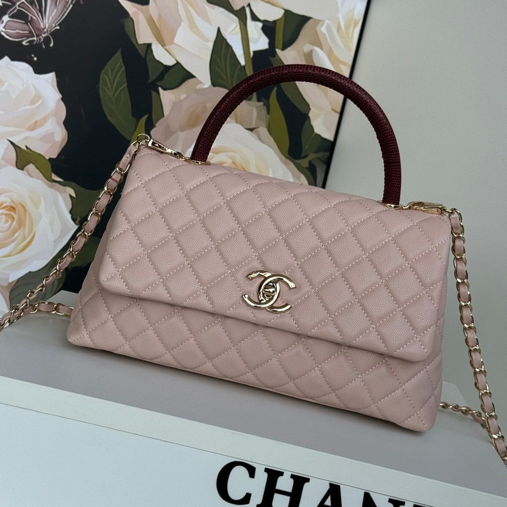 POIGNÉE COCO MOYENNE 29 CM ROSE PASTEL ROUGE CUIR CAVIAR MATELASSÉ QUINCAILLERIE DORÉ