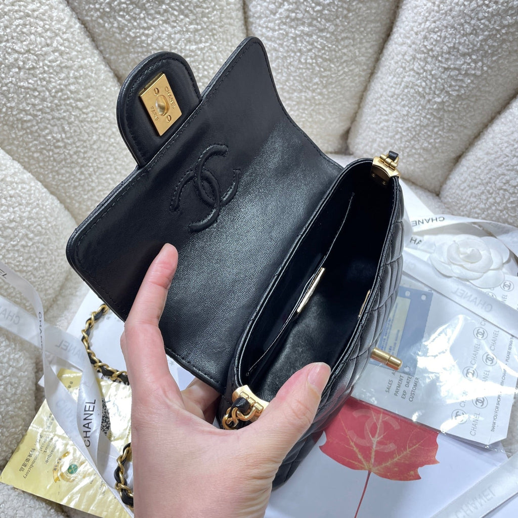 CC 25P MINI FLAP BAG 20CM TOP HANDLE BLACK CALFSKIN GOLD HARDWARE