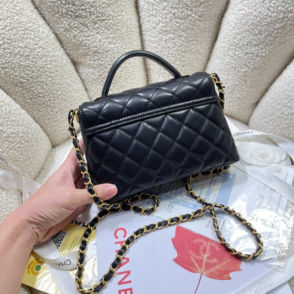CC 25P MINI FLAP BAG 20CM TOP HANDLE BLACK CALFSKIN GOLD HARDWARE