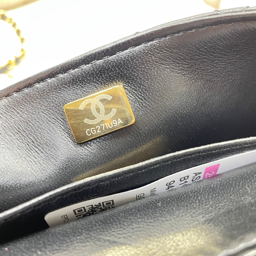 CC 25P MINI FLAP BAG 20CM TOP HANDLE BLACK CALFSKIN GOLD HARDWARE