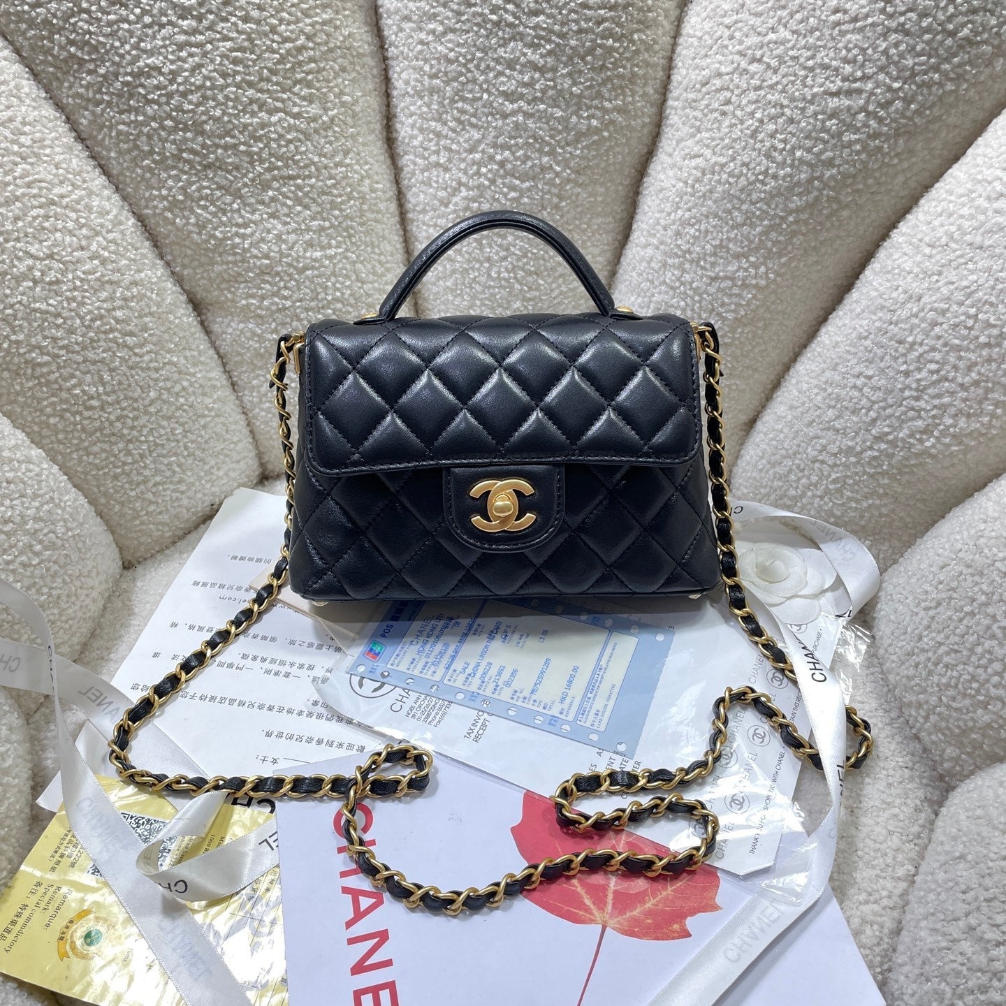 CC 25P MINI FLAP BAG 20CM TOP HANDLE BLACK CALFSKIN GOLD HARDWARE