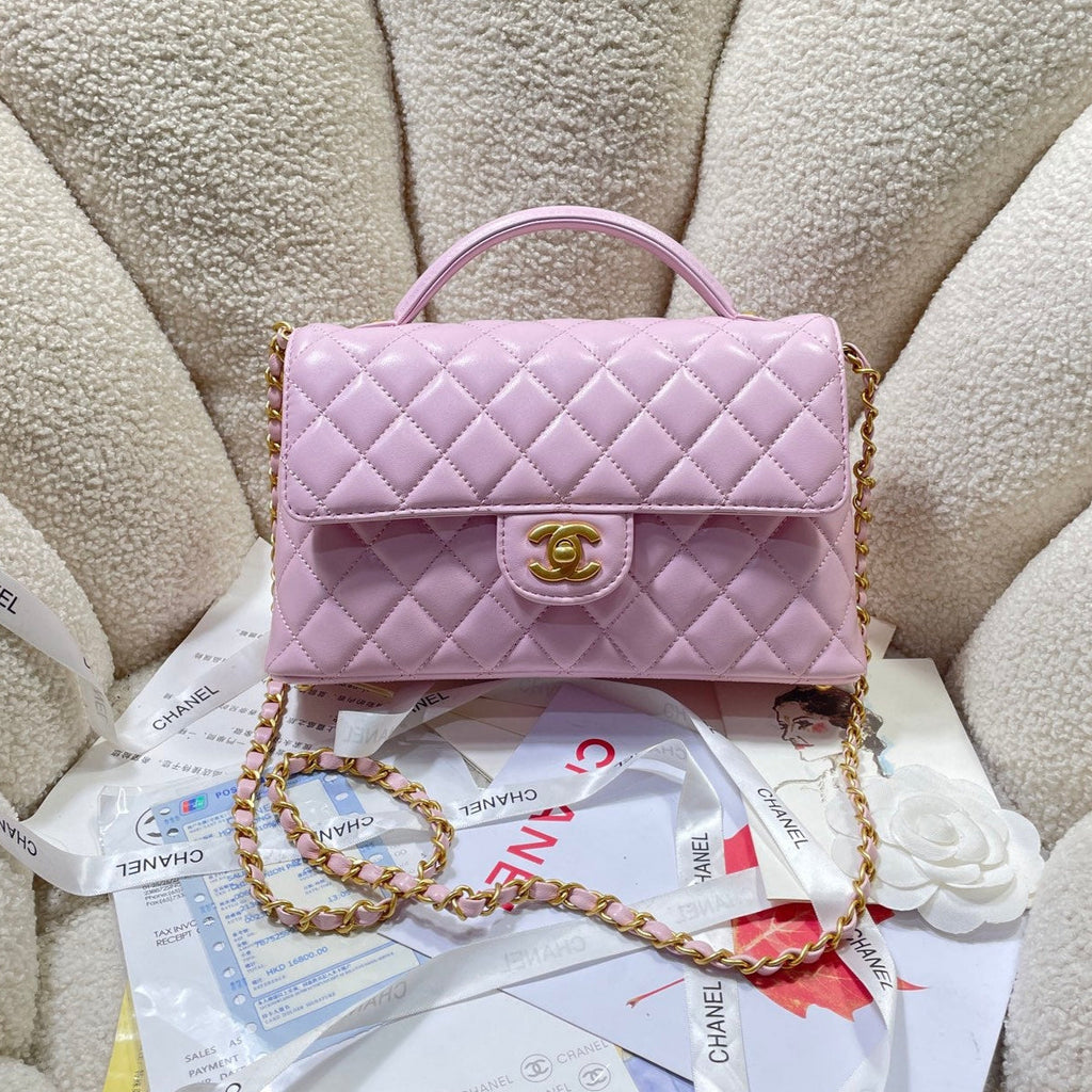 CC 25P SAC À RABAT MOYEN 25 CM POIGNÉE SUPÉRIEURE CUIR DE VEAU ROSE QUINCAILLERIE DORÉE