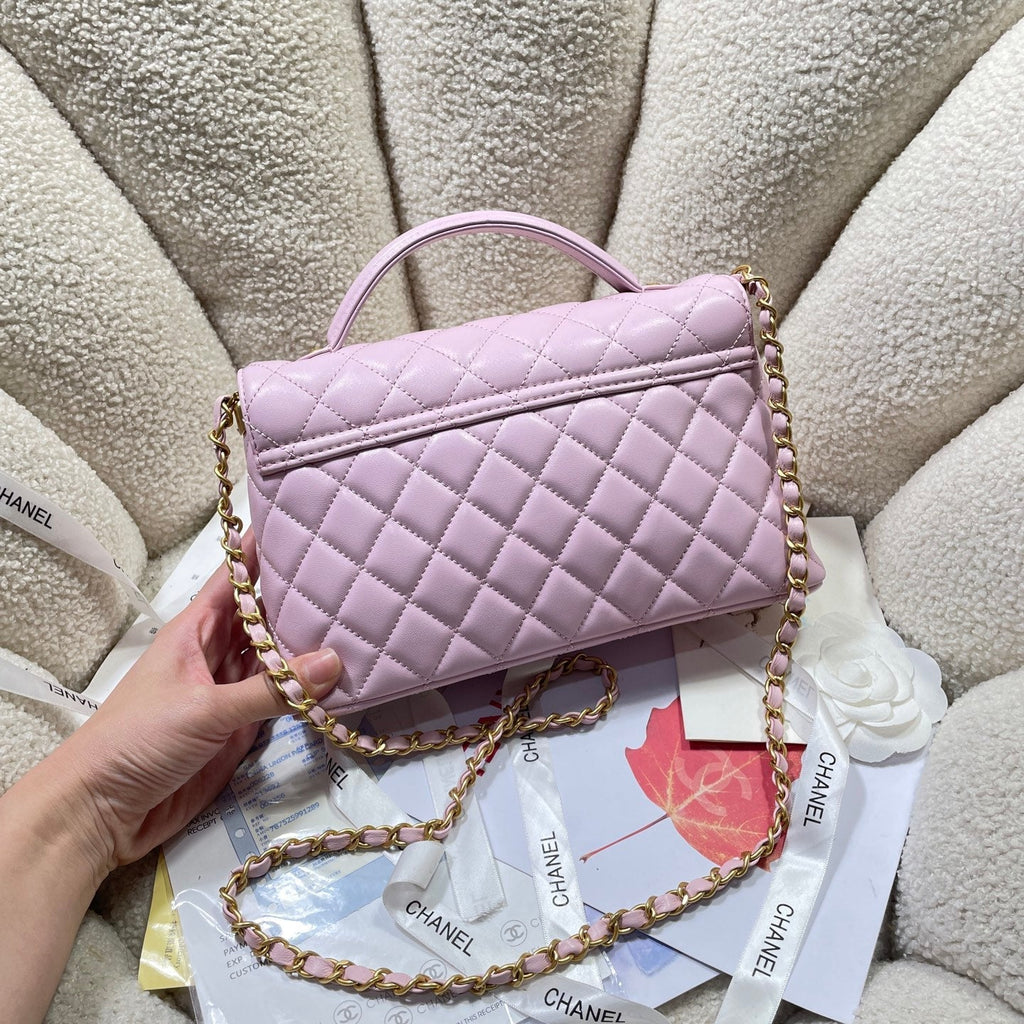 CC 25P SAC À RABAT MOYEN 25 CM POIGNÉE SUPÉRIEURE CUIR DE VEAU ROSE QUINCAILLERIE DORÉE