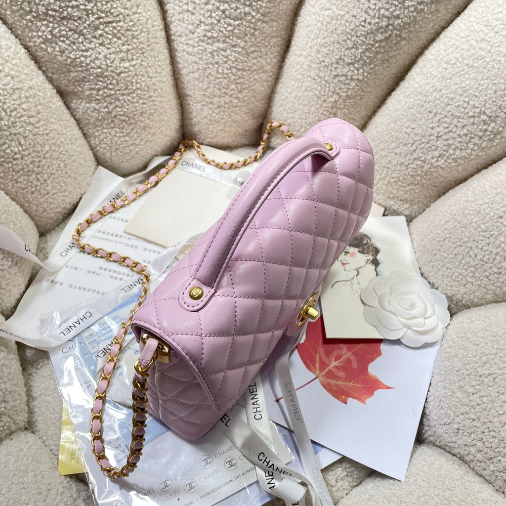 CC 25P SAC À RABAT MOYEN 25 CM POIGNÉE SUPÉRIEURE CUIR DE VEAU ROSE QUINCAILLERIE DORÉE
