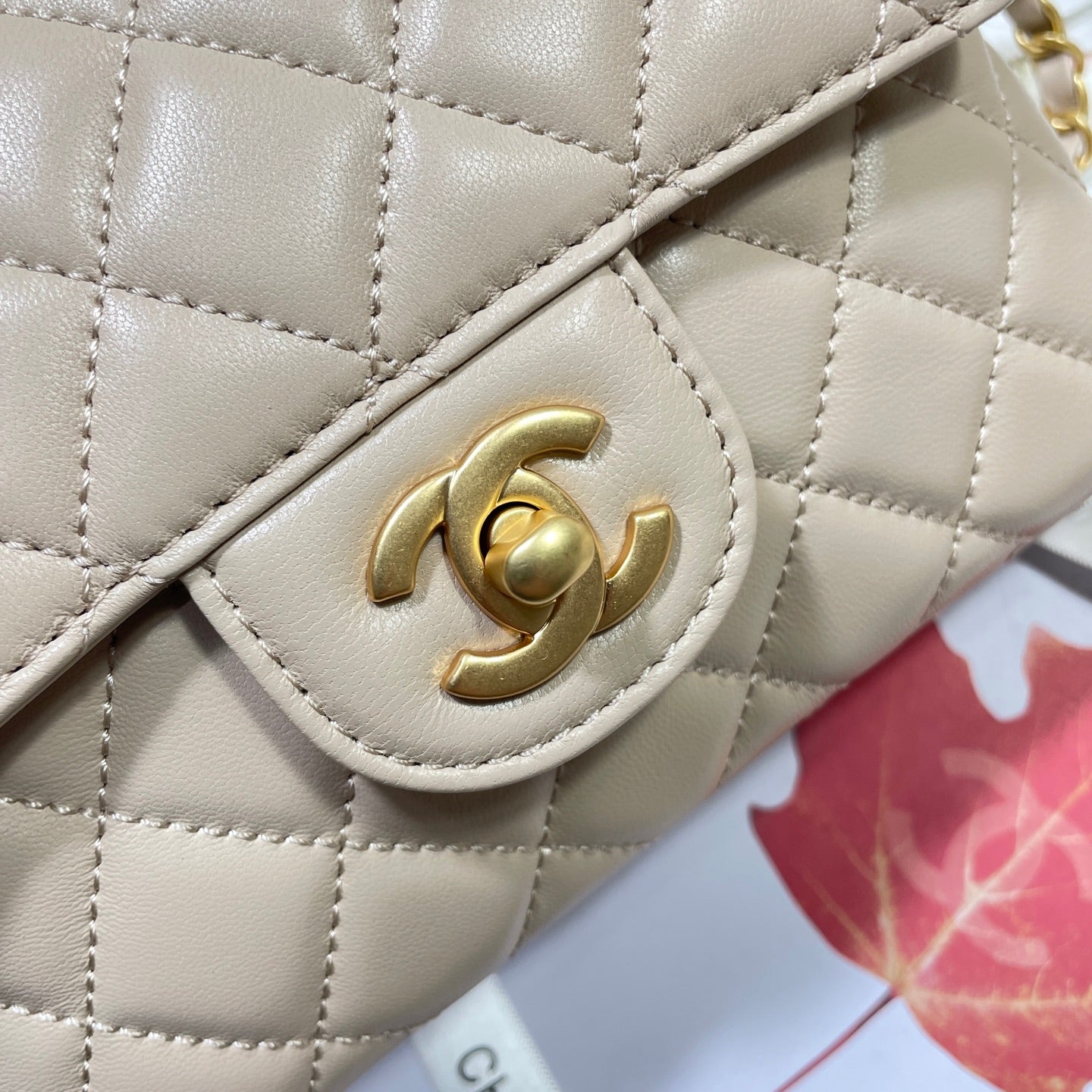 CC 25P MINI SAC À RABAT 20 CM POIGNÉE SUPÉRIEURE CUIR DE VEAU BEIGE QUINCAILLERIE DORÉE