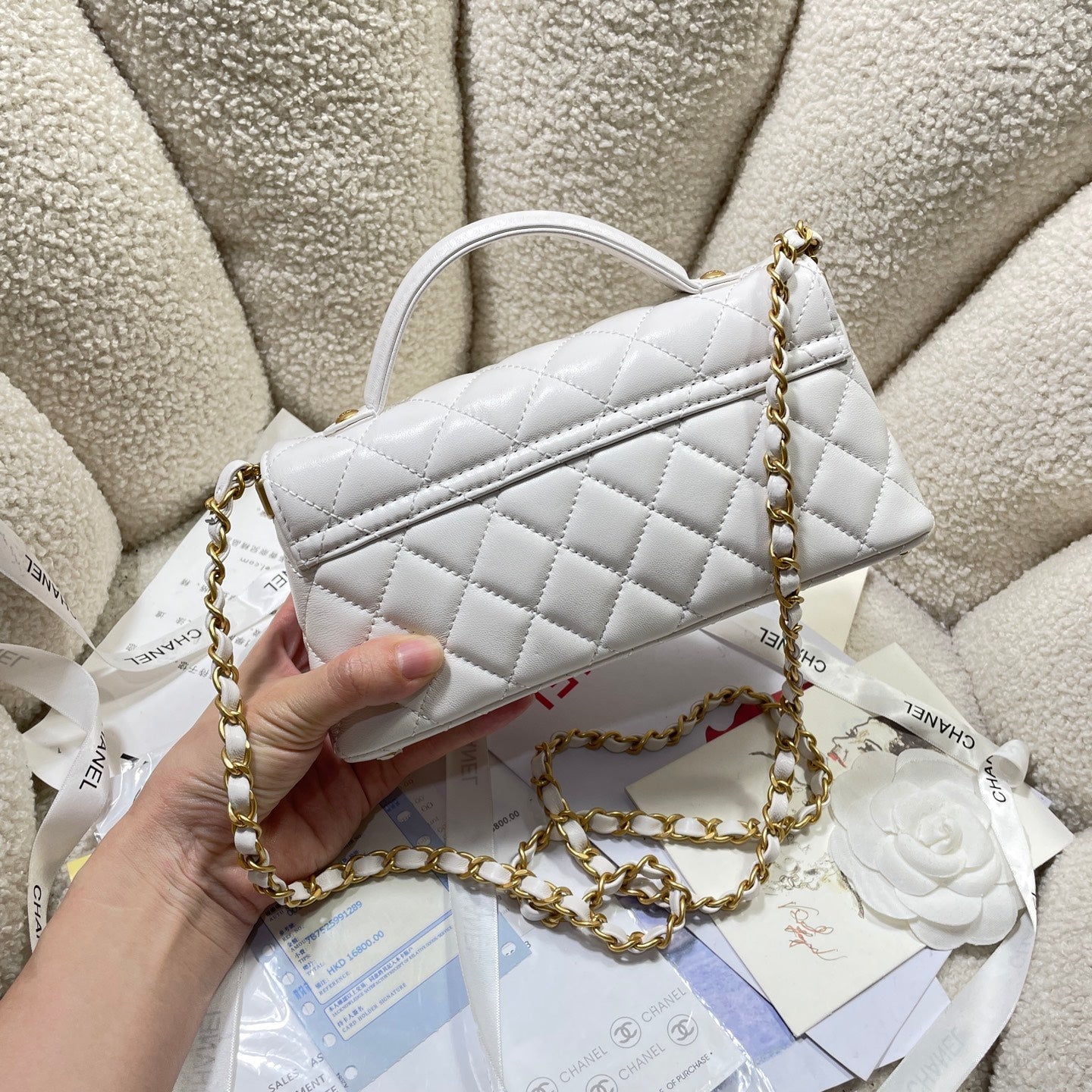 CC 25P MINI FLAP BAG 22CM TOP HANDLE CREAM CALFSKIN GOLD HARDWARE