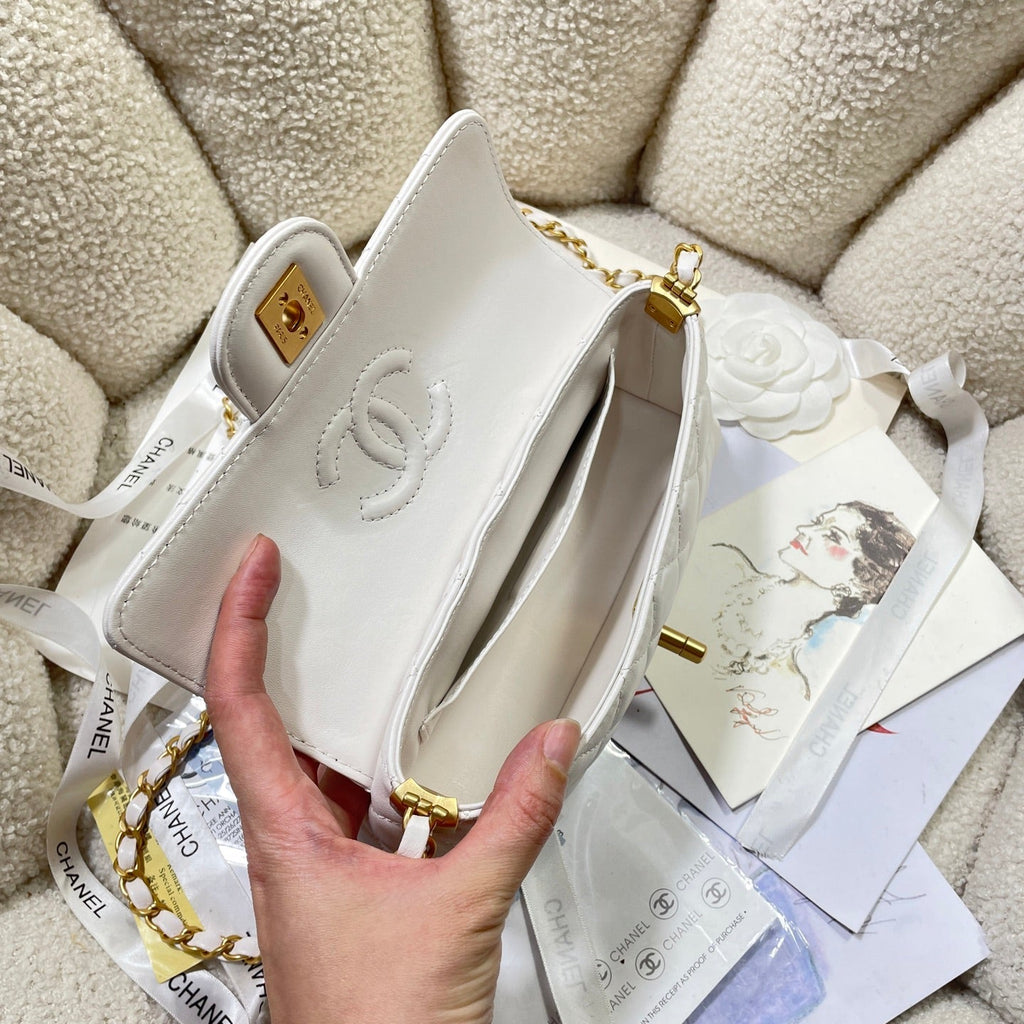 CC 25P MINI FLAP BAG 22CM TOP HANDLE CREAM CALFSKIN GOLD HARDWARE