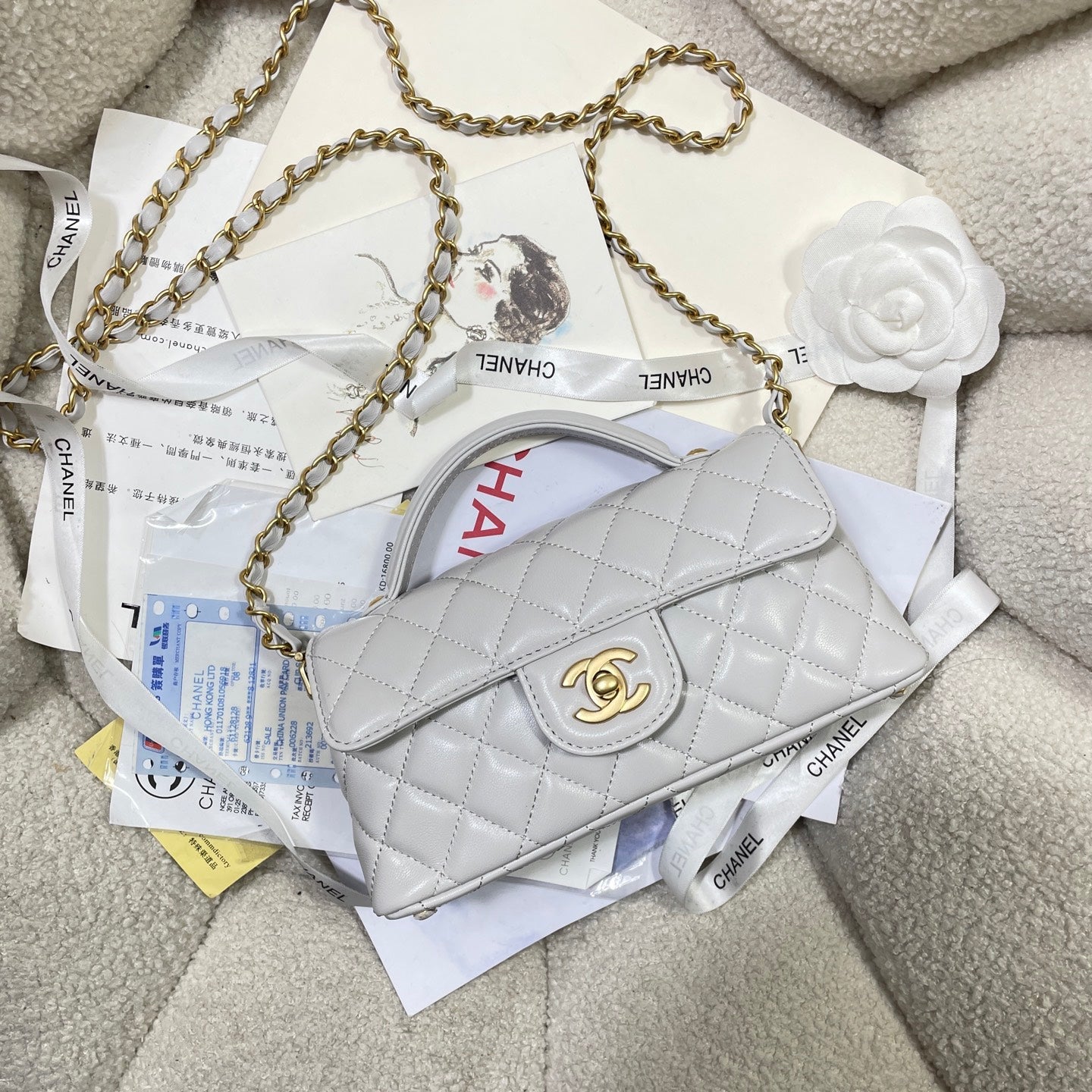 CC 25P MINI SAC À RABAT 22 CM POIGNÉE SUPÉRIEURE CUIR DE VEAU GRIS QUINCAILLERIE DORÉ