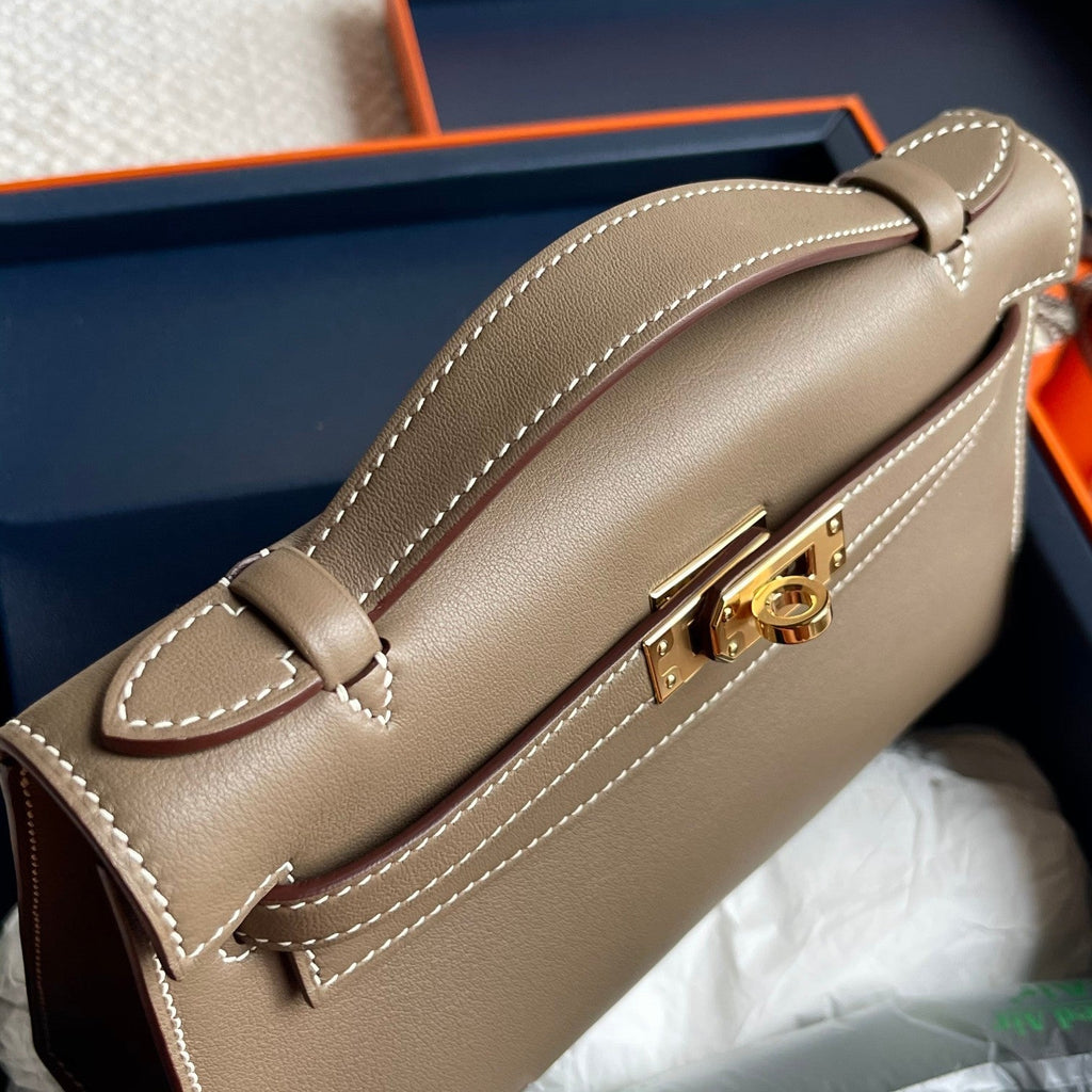POCHETTE HM KELLY 22CM GRIS ELEPHANT SWIFT QUINCAILLERIE OR