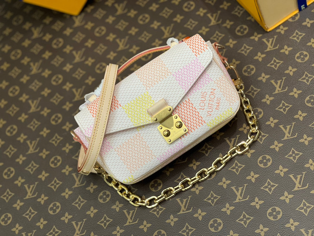 POCHETTE MÉTIS EAST WEST 21,5 PÊCHE DAMIER TOILE CÔTELÉE
