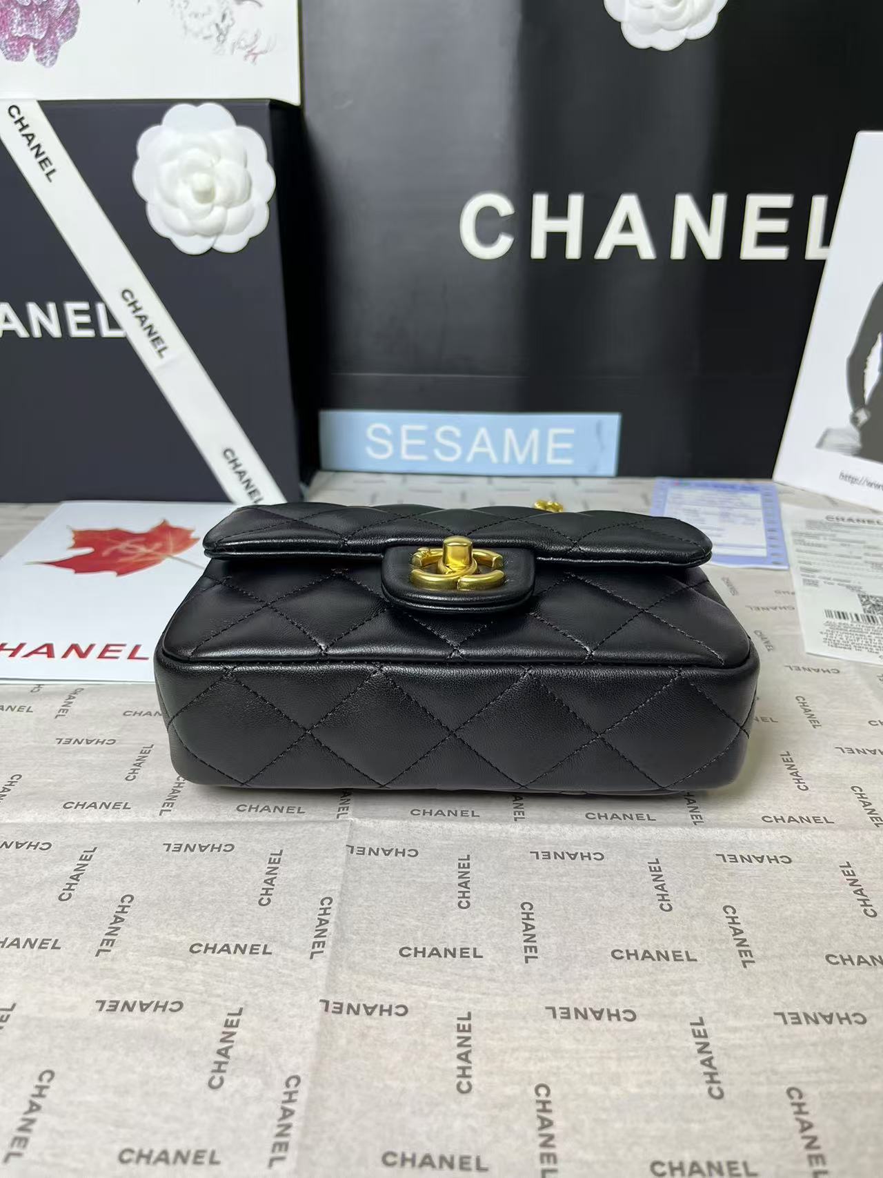 25C MINI RABAT 19CM CUIR D'AGNEAU NOIR QUINCAILLERIE COEUR DORÉ