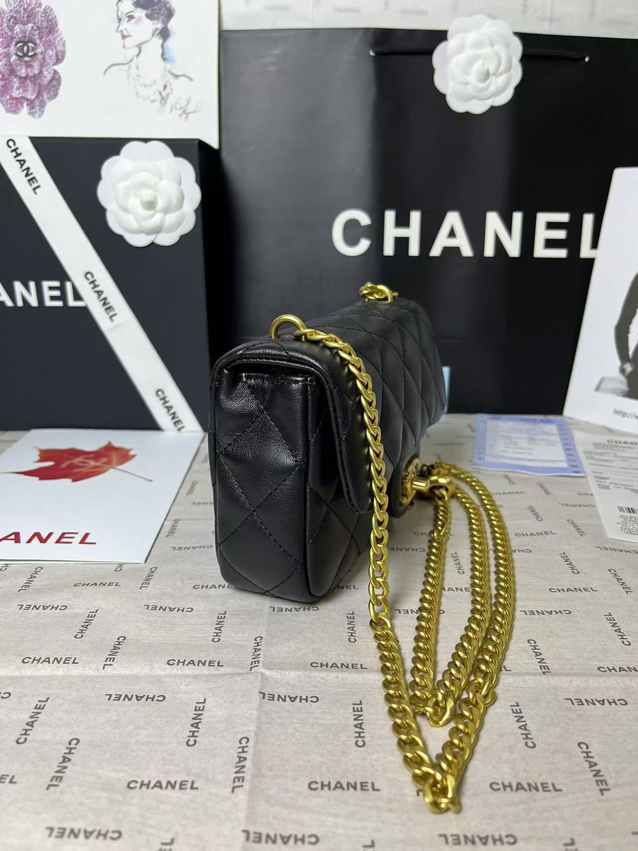 25C MINI RABAT 19CM CUIR D'AGNEAU NOIR QUINCAILLERIE COEUR DORÉ
