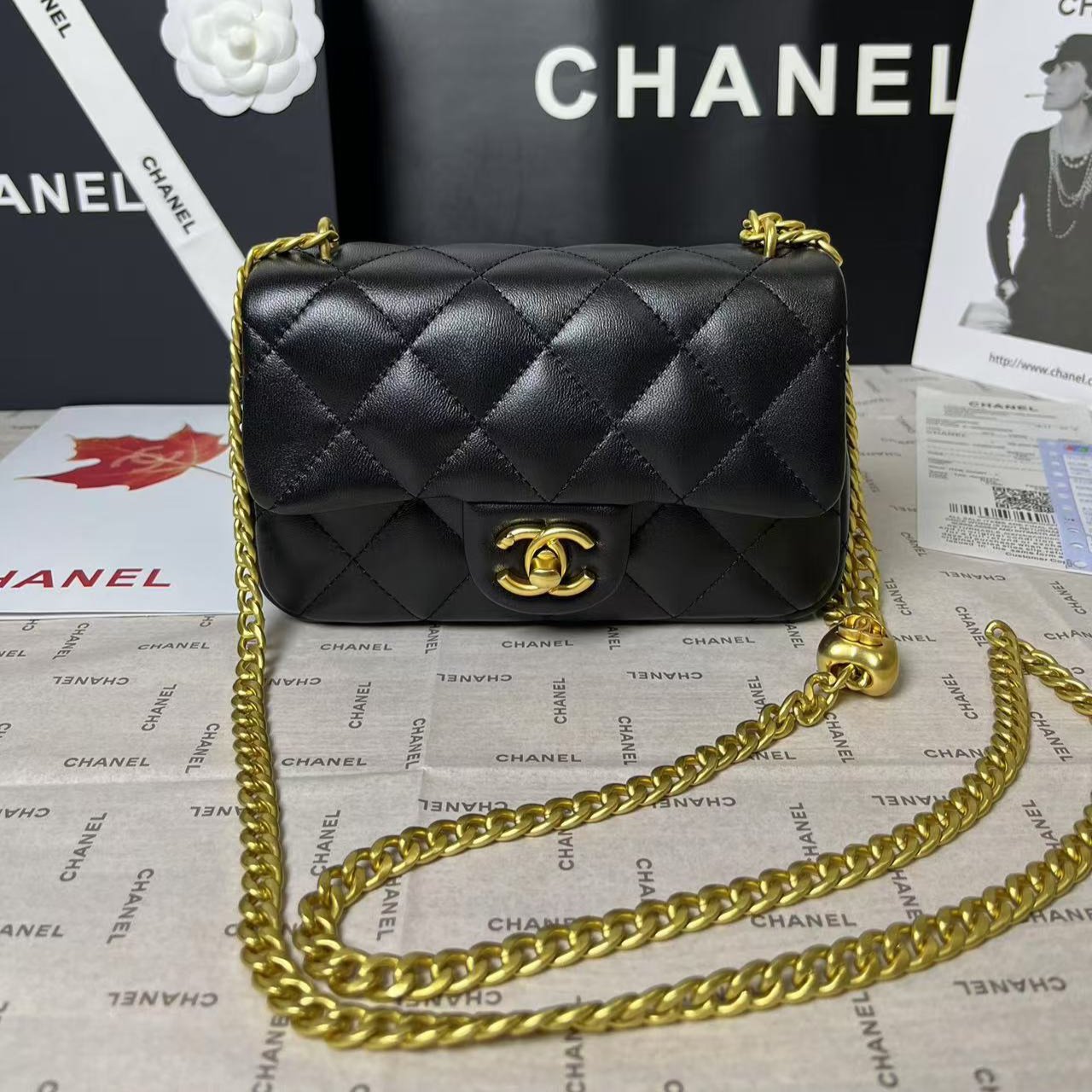 25C MINI RABAT 19CM CUIR D'AGNEAU NOIR QUINCAILLERIE COEUR DORÉ