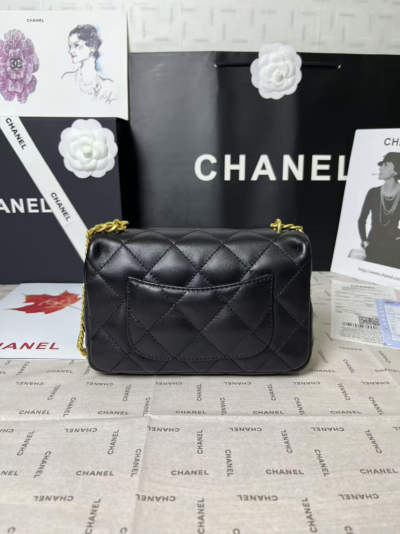 25C MINI RABAT 19CM CUIR D'AGNEAU NOIR QUINCAILLERIE COEUR DORÉ