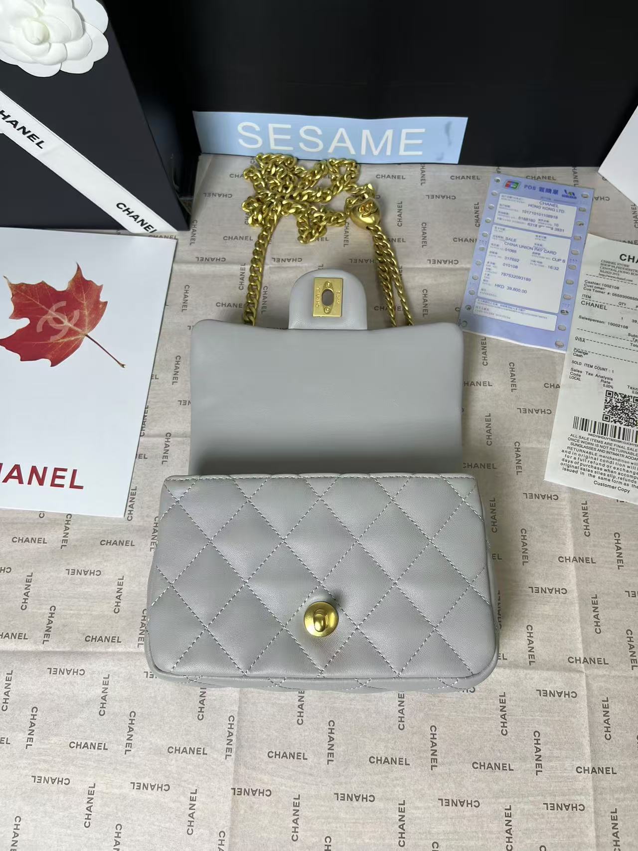 25C MINI RABAT 19CM CUIR D'AGNEAU GRIS QUINCAILLERIE COEUR DORÉ