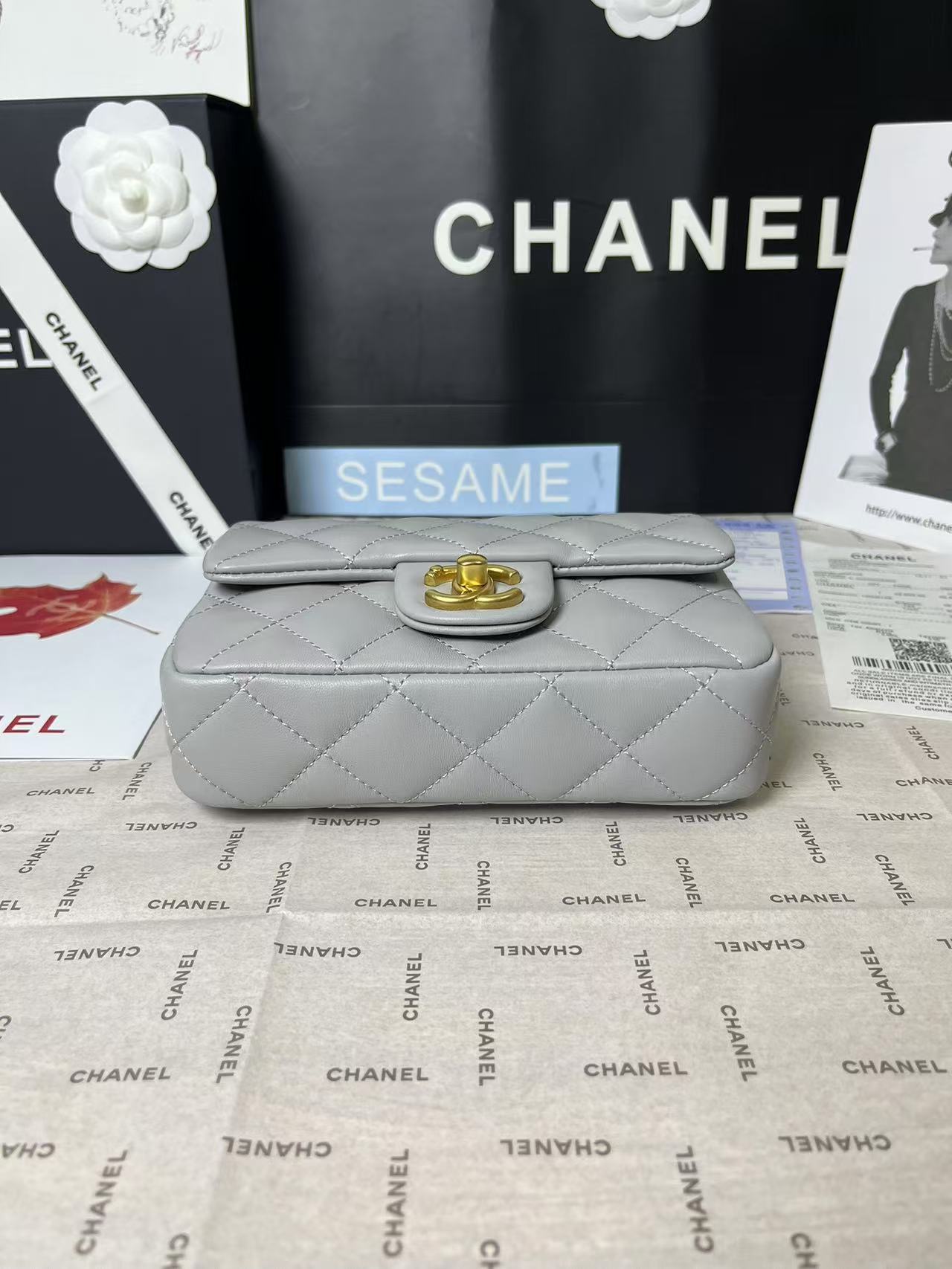 25C MINI RABAT 19CM CUIR D'AGNEAU GRIS QUINCAILLERIE COEUR DORÉ