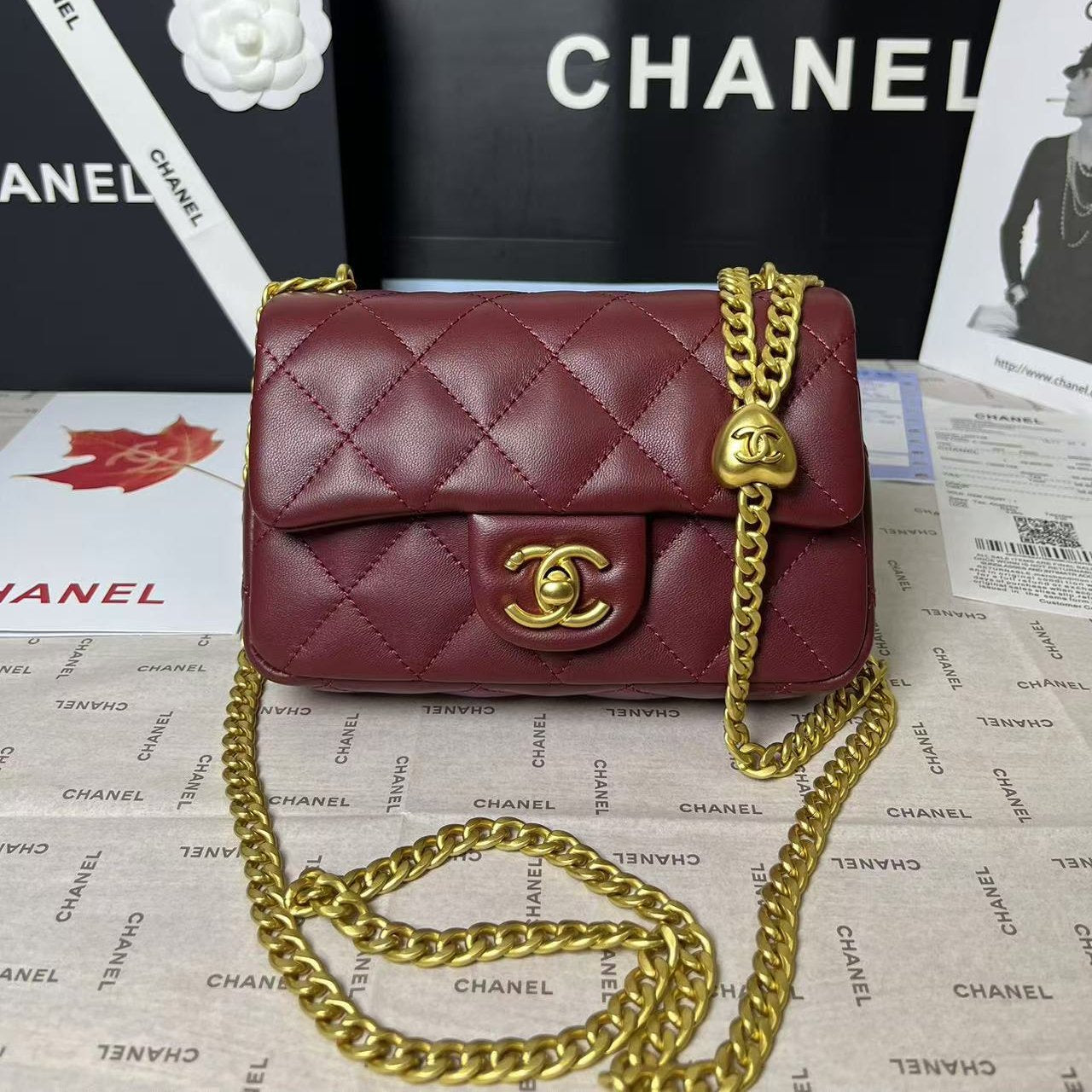 MINI RABAT 25C 19CM CUIR D'AGNEAU BORDEAUX QUINCAILLERIE COEUR DORÉ