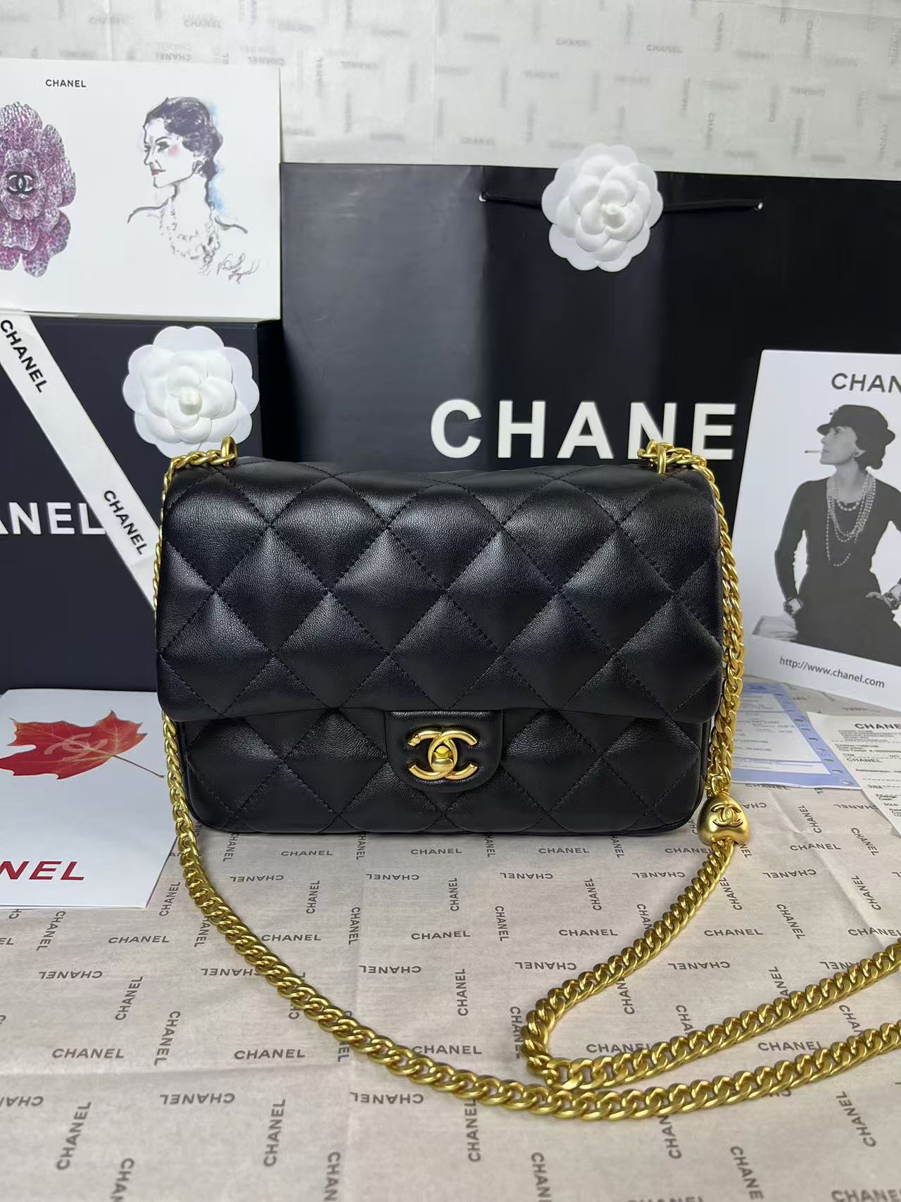 25C MINI RABAT 24CM CUIR D'AGNEAU NOIR QUINCAILLERIE COEUR DORÉ