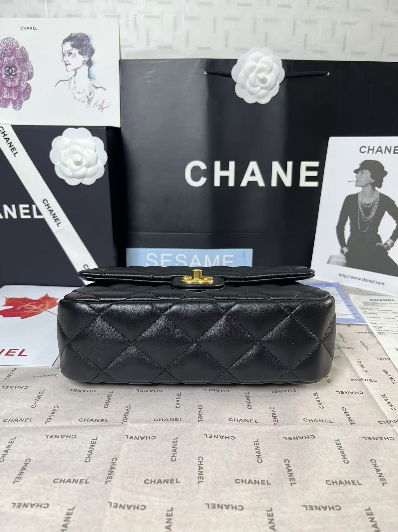 25C MINI RABAT 24CM CUIR D'AGNEAU NOIR QUINCAILLERIE COEUR DORÉ