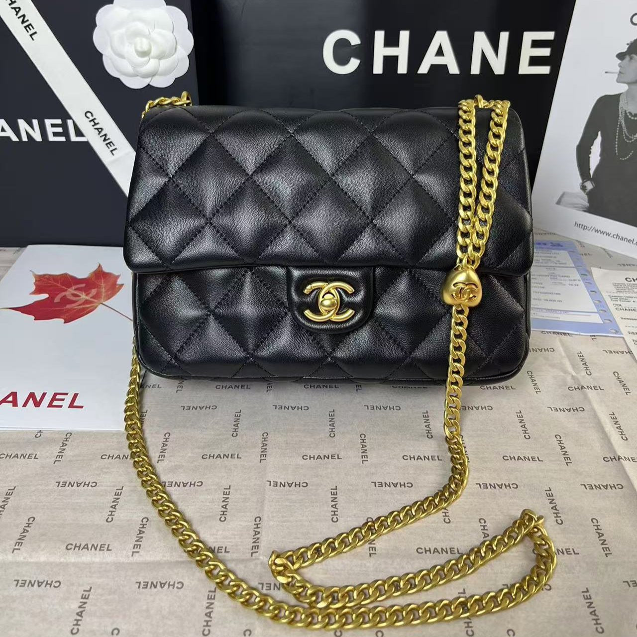 25C MINI RABAT 24CM CUIR D'AGNEAU NOIR QUINCAILLERIE COEUR DORÉ