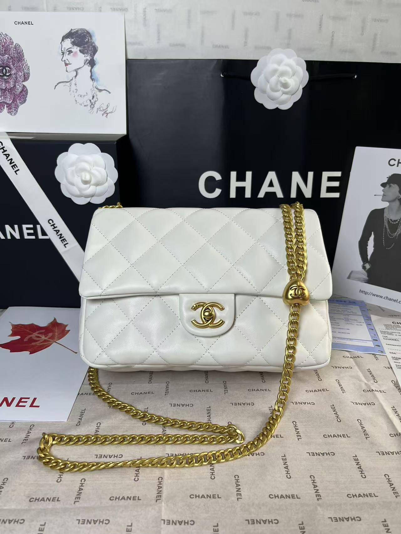 MINI RABAT 25C 24CM CUIR D'AGNEAU BLANC QUINCAILLERIE COEUR DORÉ