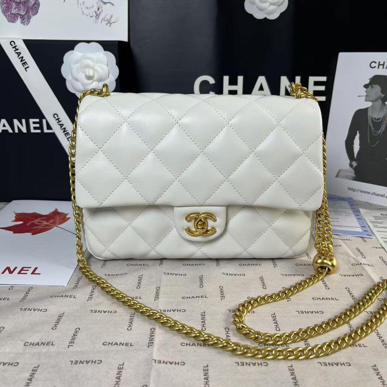 MINI RABAT 25C 24CM CUIR D'AGNEAU BLANC QUINCAILLERIE COEUR DORÉ