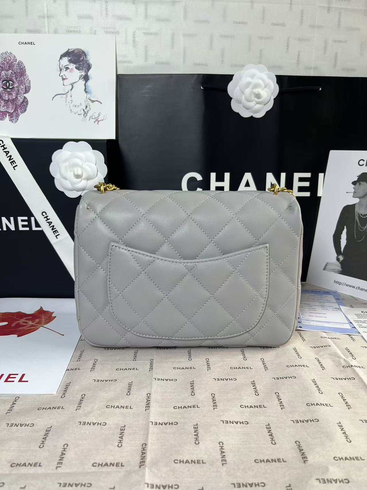 MINI RABAT 25C 24CM CUIR D'AGNEAU GRIS QUINCAILLERIE COEUR DORÉ
