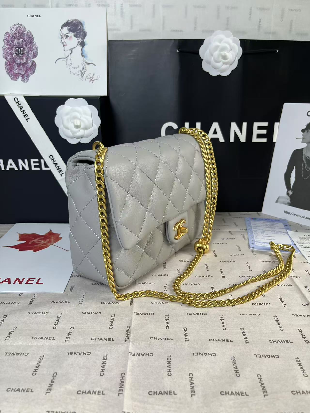 MINI RABAT 25C 24CM CUIR D'AGNEAU GRIS QUINCAILLERIE COEUR DORÉ