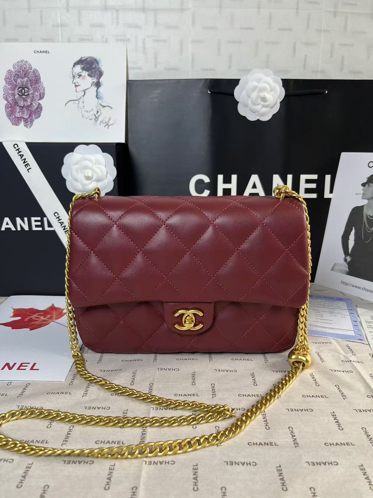 MINI RABAT 25C 24CM CUIR D'AGNEAU BORDEAUX QUINCAILLERIE COEUR DORÉ
