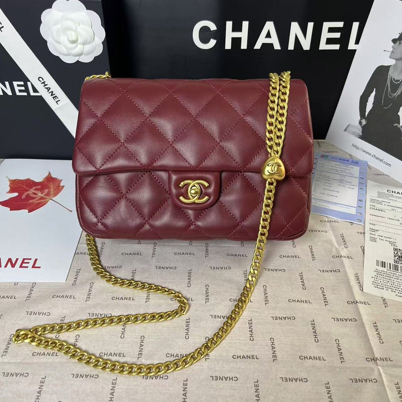 MINI RABAT 25C 24CM CUIR D'AGNEAU BORDEAUX QUINCAILLERIE COEUR DORÉ