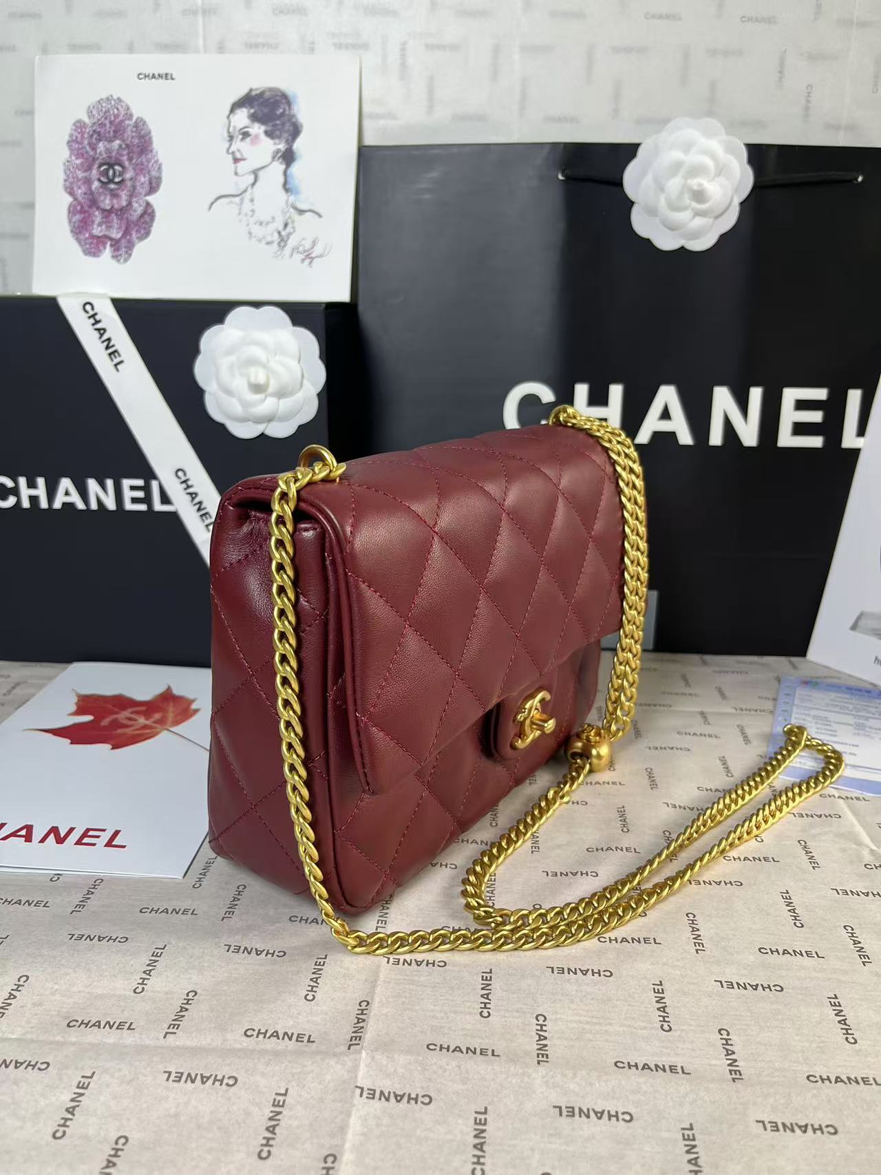 MINI RABAT 25C 24CM CUIR D'AGNEAU BORDEAUX QUINCAILLERIE COEUR DORÉ