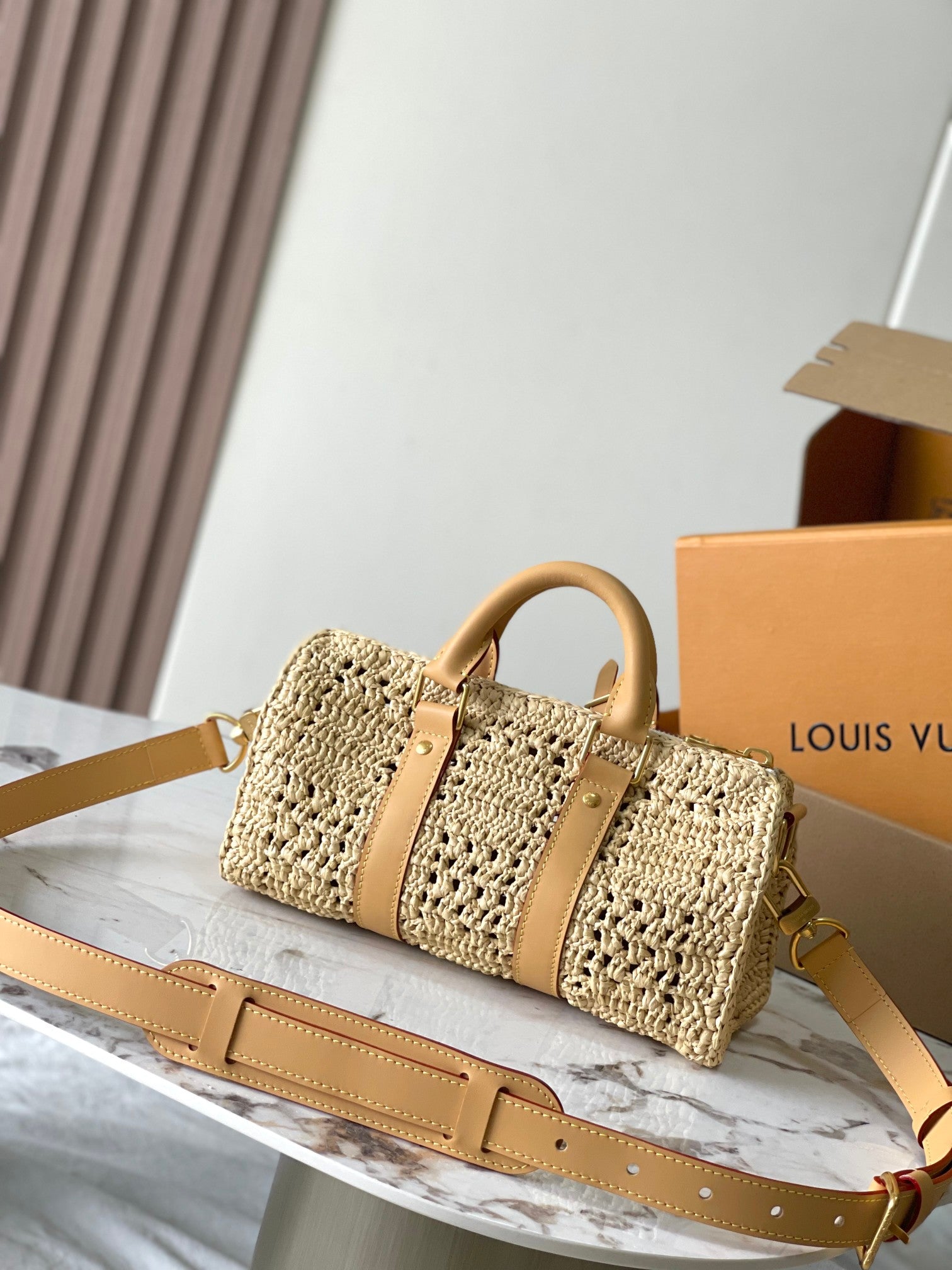 KEEPALL BANDOULIÈRE 25 CM BEIGE RAPHIA CUIR DE VEAU BRUN