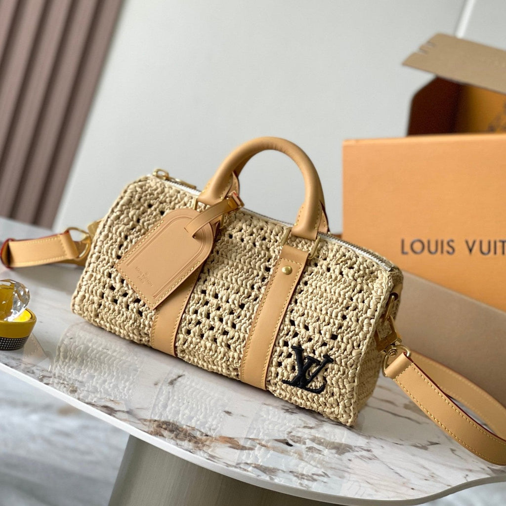 KEEPALL BANDOULIERE 25CM BEIGE RAFFIA TAN CALFSKIN