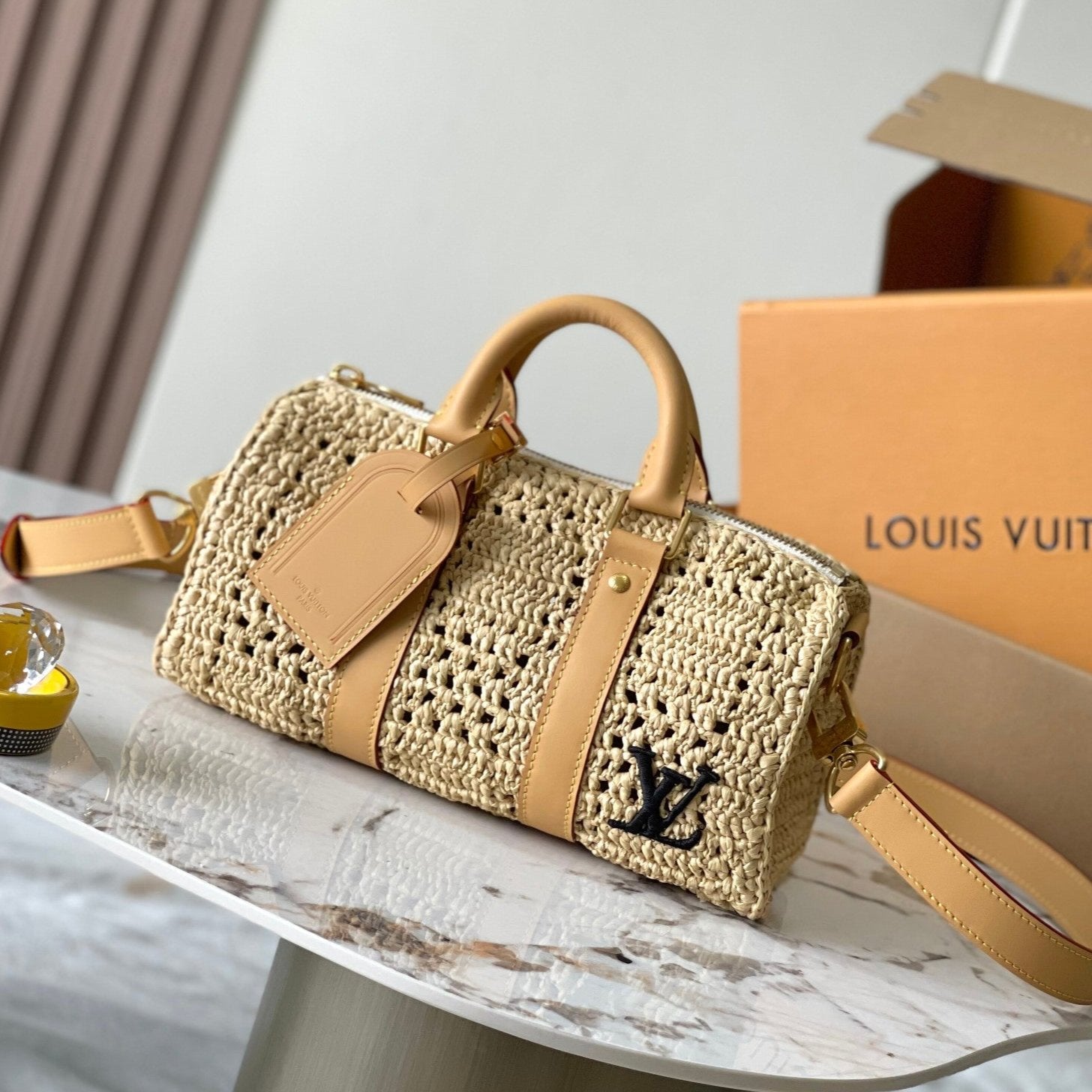 KEEPALL BANDOULIÈRE 25 CM BEIGE RAPHIA CUIR DE VEAU BRUN