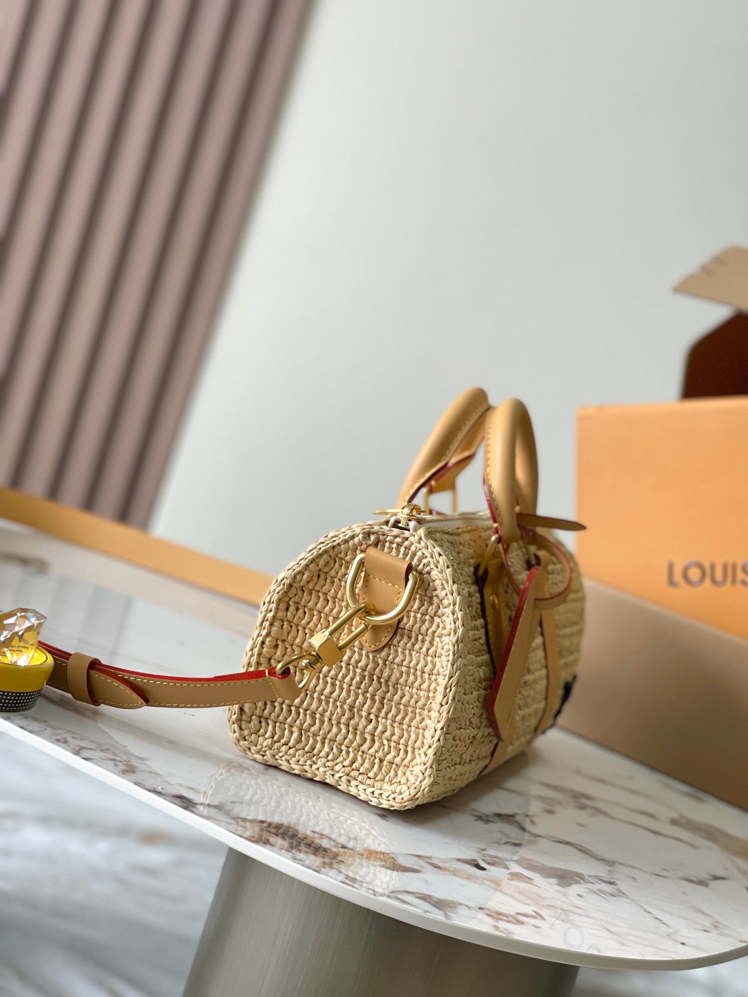 KEEPALL BANDOULIÈRE 25 CM BEIGE RAPHIA CUIR DE VEAU BRUN